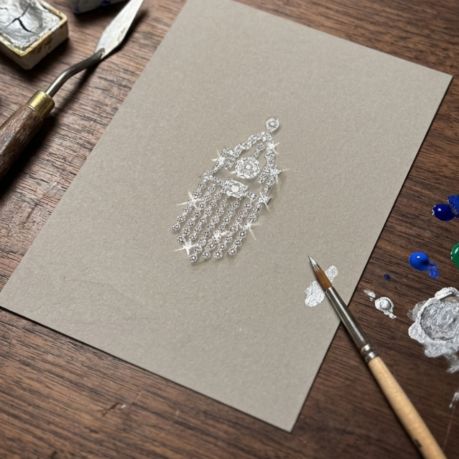 Artistic drawing on a beige paper with paintbrushes and paint containers on a wooden surface