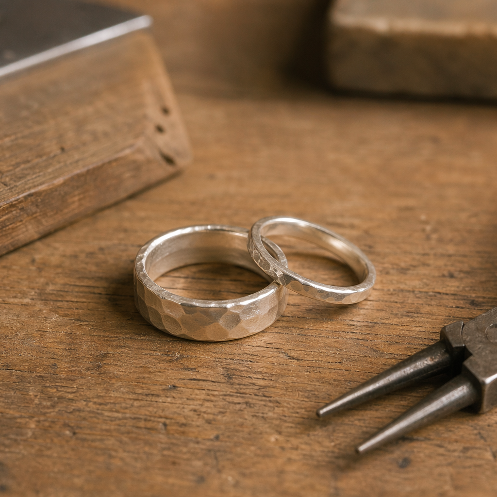 Two silver rings on a wooden surface with pliers.