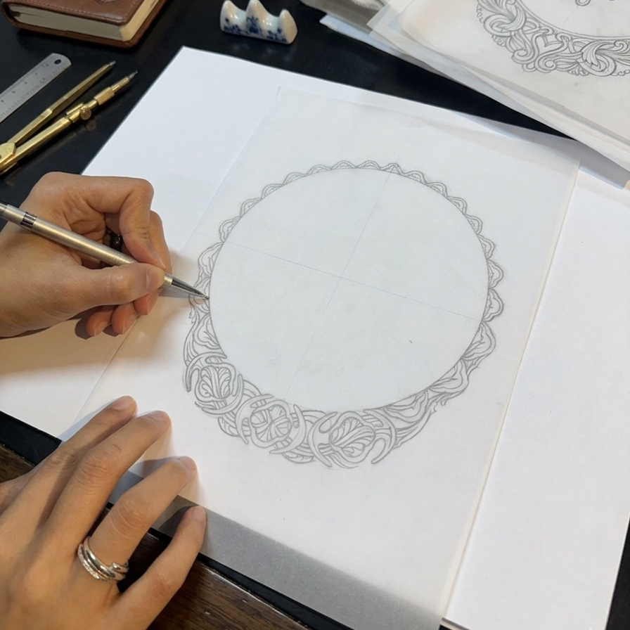 Person drawing intricate jewelry on paper with a pen, surrounded by stationery items.