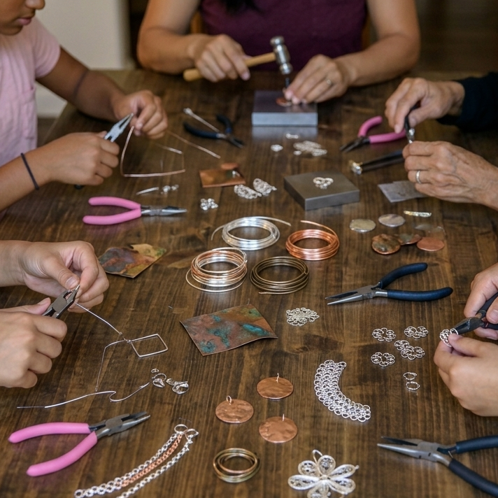 Children and adults working on jewelry-making at a table with tools and materials.