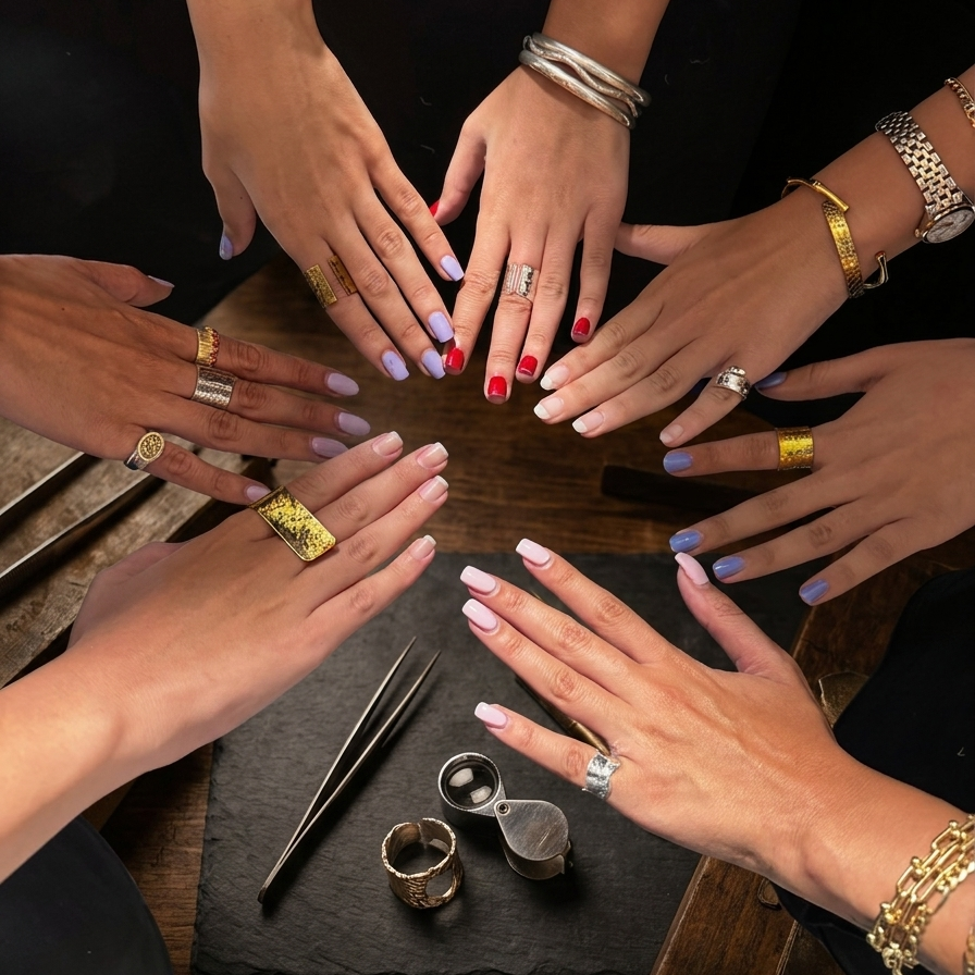 Six hands with manicured nails are gathered in a circle around jewelry tools on a dark slate tray, including silver rings, a small magnifying loupe, and tweezers. The hands wear various gold and silver rings, and the background shows dark clothing of the people holding their hands.
